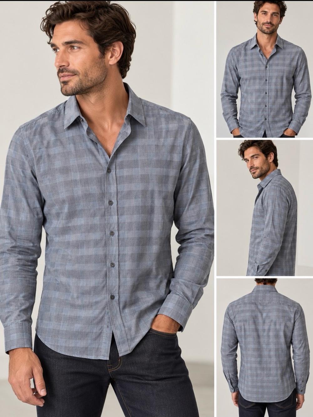 Dolce & Gabbana Gray/blue Plaid Long-Sleeve Button-Down Shirt